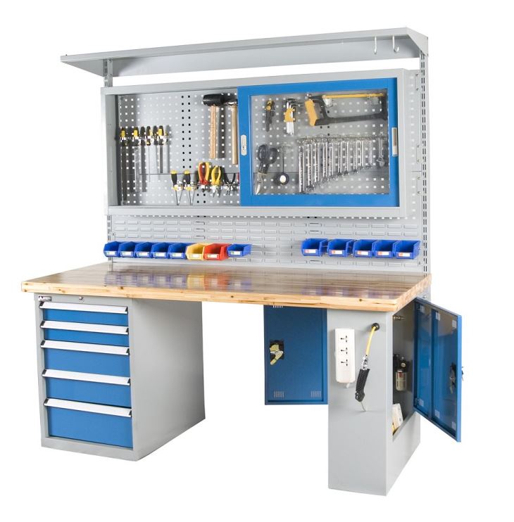 workbench with pegboard and light